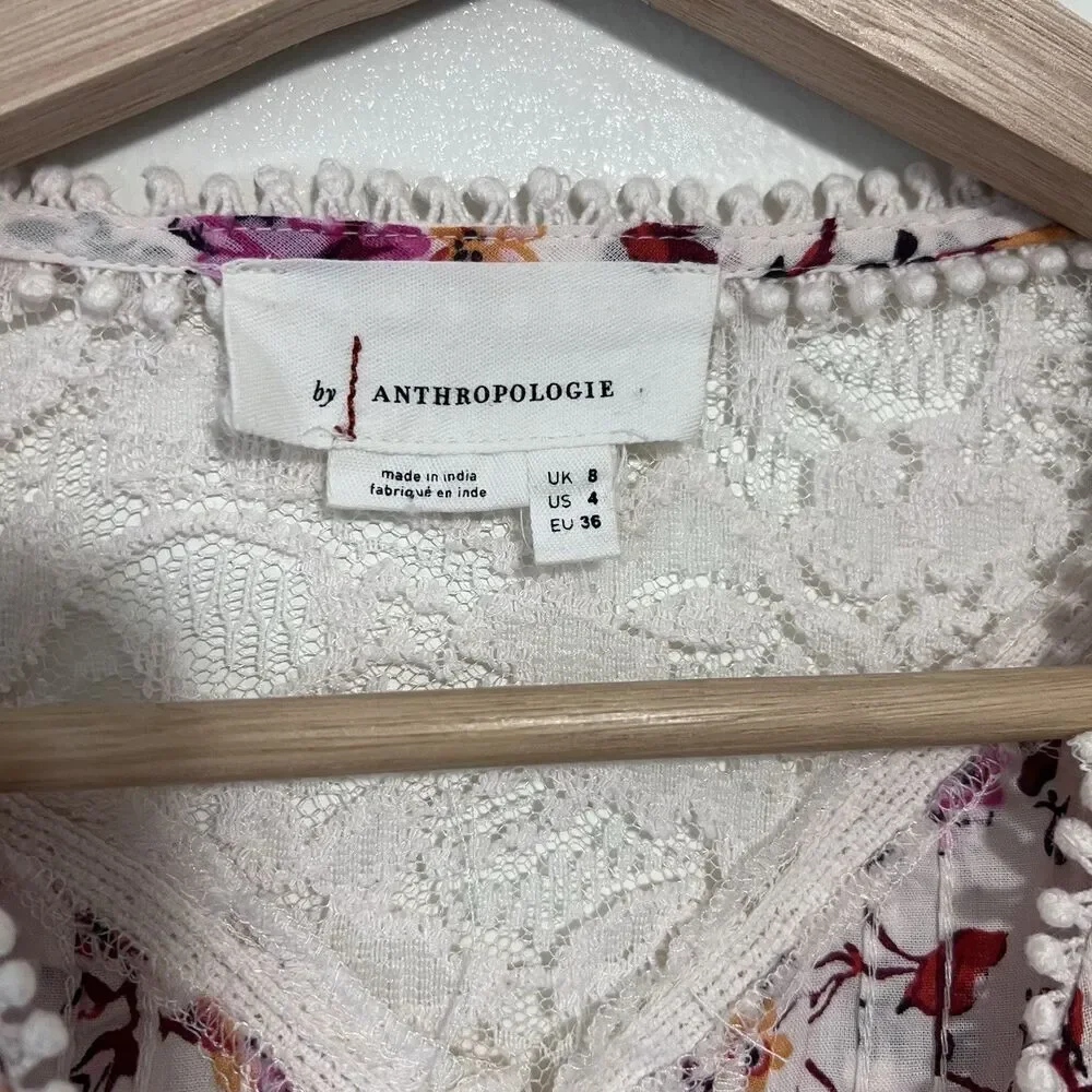 Anthropologie Puff Sleeve Floral Lace Trim Buttondown Blouse Top Size 4 Cottage